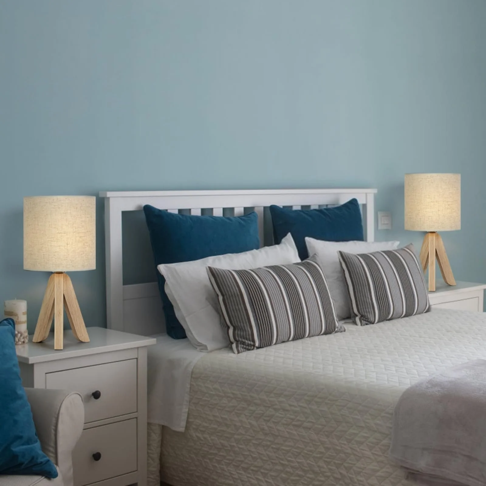 Настільна лампа LIANTRAL Набір з 2 шт. Трипод Тканинний абажур Дерев'яний каркас E27, фото №7