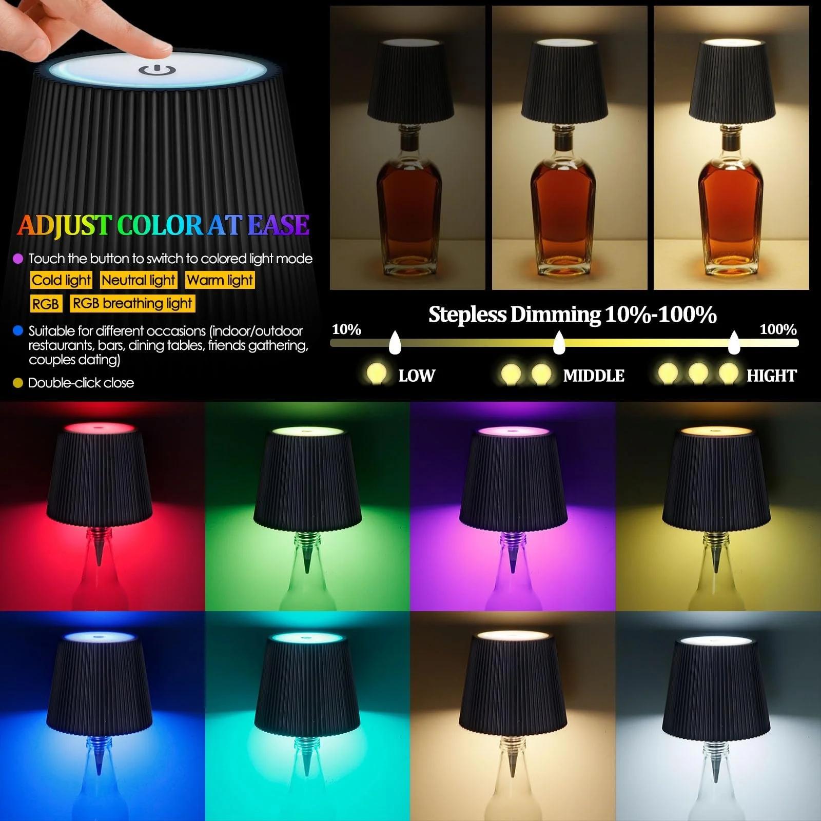 Лампи для пляшок набір 2 шт бездротові RGB теплі білі сенсорні акумуляторні USB-C водонепроникні, фото №2