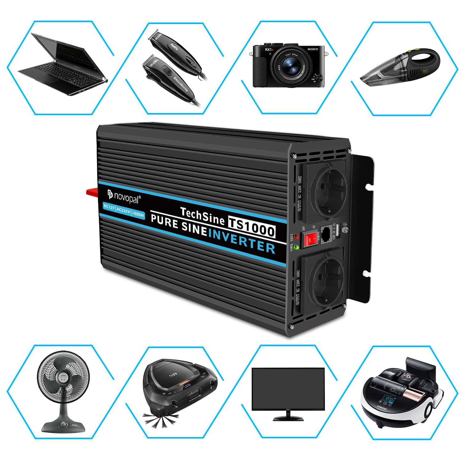 Інвертор Novopal Voltage Converter 1000 Вт з чистою синусоїдальною хвилею 12 В до 230 В з 2 євро розетками та USB портом з дистанційним управлінням на 5 метрів, фото №6