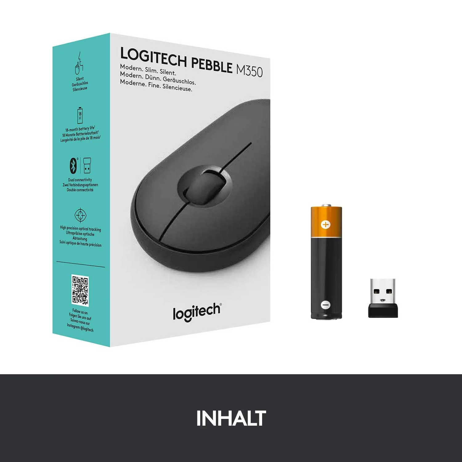 Миша бездротова Logitech Pebble M350, підключення Bluetooth та 2.4 GHz через USB нано-приймач, 3 кнопки, тиха, Graphite / Black, фото №9