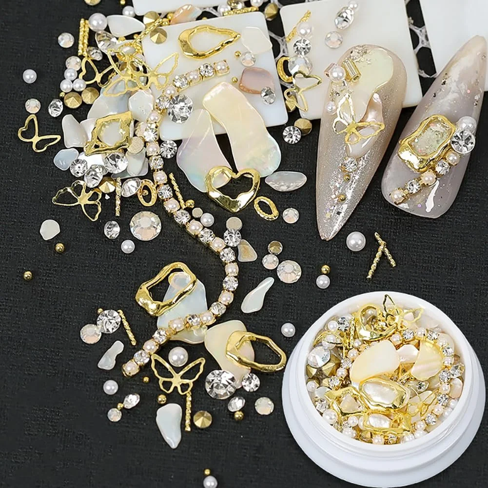 Стразы для ногтей 3D 4 коробки, разные формы, металлические заклепки, маленькие бусины для ногтей, икорные бусины для ногтей, блестящие драгоценные камни для ногтей, металлический драгоценный камень, искусственный жемчуг, фото №4