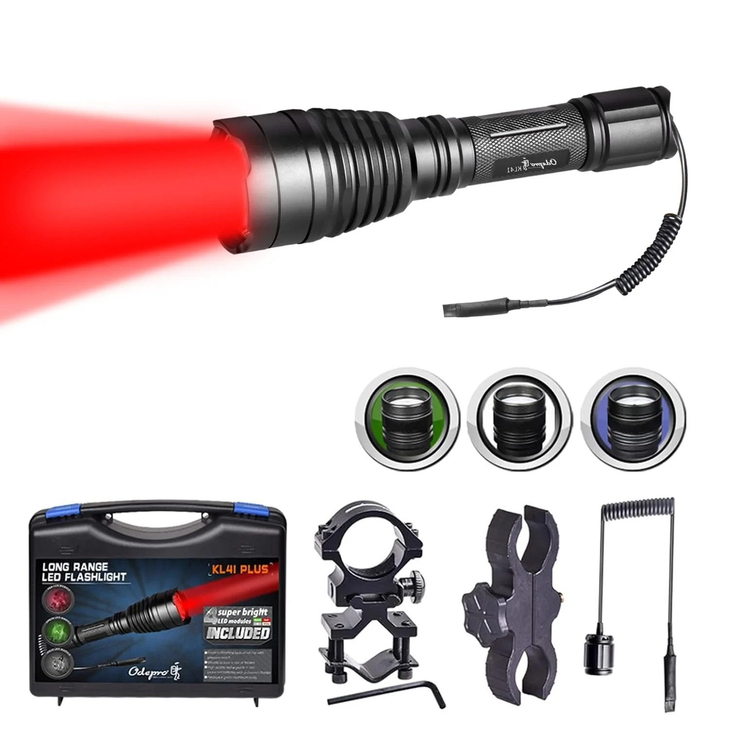 Світлодіодний ліхтар Odepro KL41 Plus, надзвичайно яскравий, 2 акумуляторні батареї, з червоним, зеленим, IR850, білим світлом, 384 м дальність світла IP68 з дистанційним перемикачем для активного відпочинку, кемпінгу, піших прогулянок, надзвичайних ситуацій, фото №1