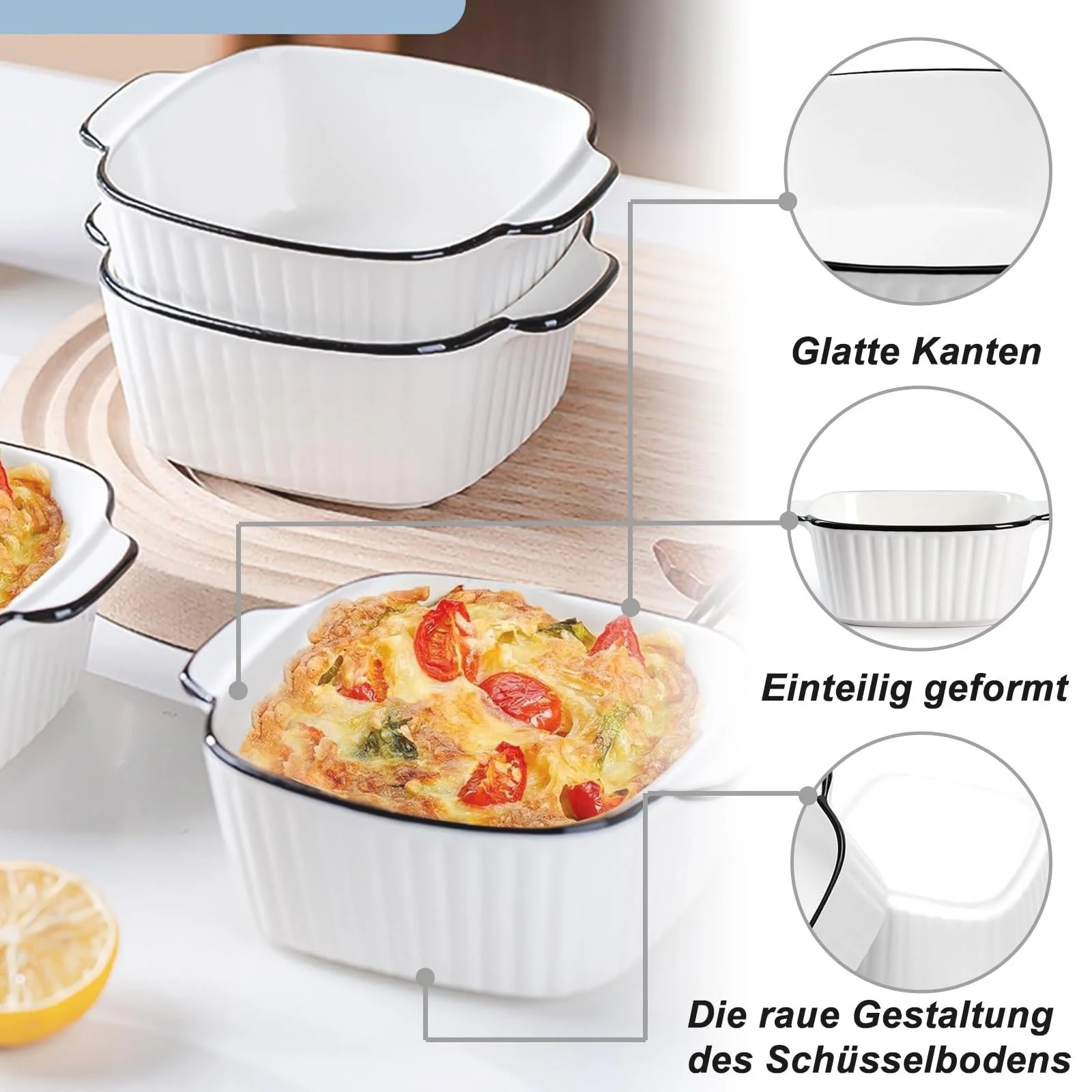 Набор из 4 керамических форм для запекания 400 мл с ручками 14.9 x 11.5 x 5.7 см квадратные для духовки и СВЧ, фото №3