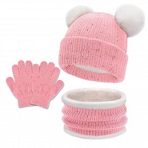 Шапка дитяча зимова з двома помпонами JFAN, з вушками, в'язана, флісова, бавовняна, тепла, мила - Фото 1