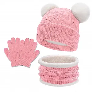 Шапка детская зимняя с двумя помпонами JFAN, с ушками, вязаная, флисовая, хлопковая, теплая, милая - Фото 1