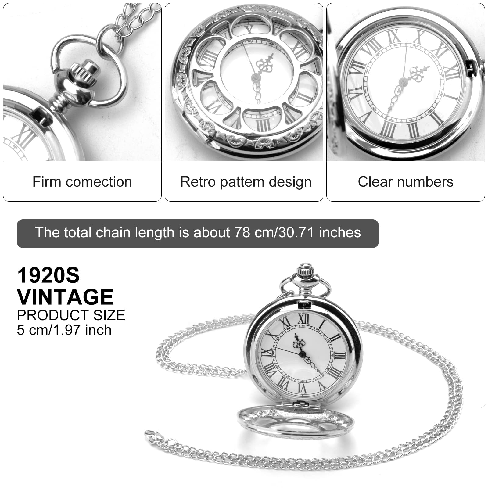 Карманные часы TNSLAND Vintage Smooth Quartz с цепочкой серебряные, фото №2