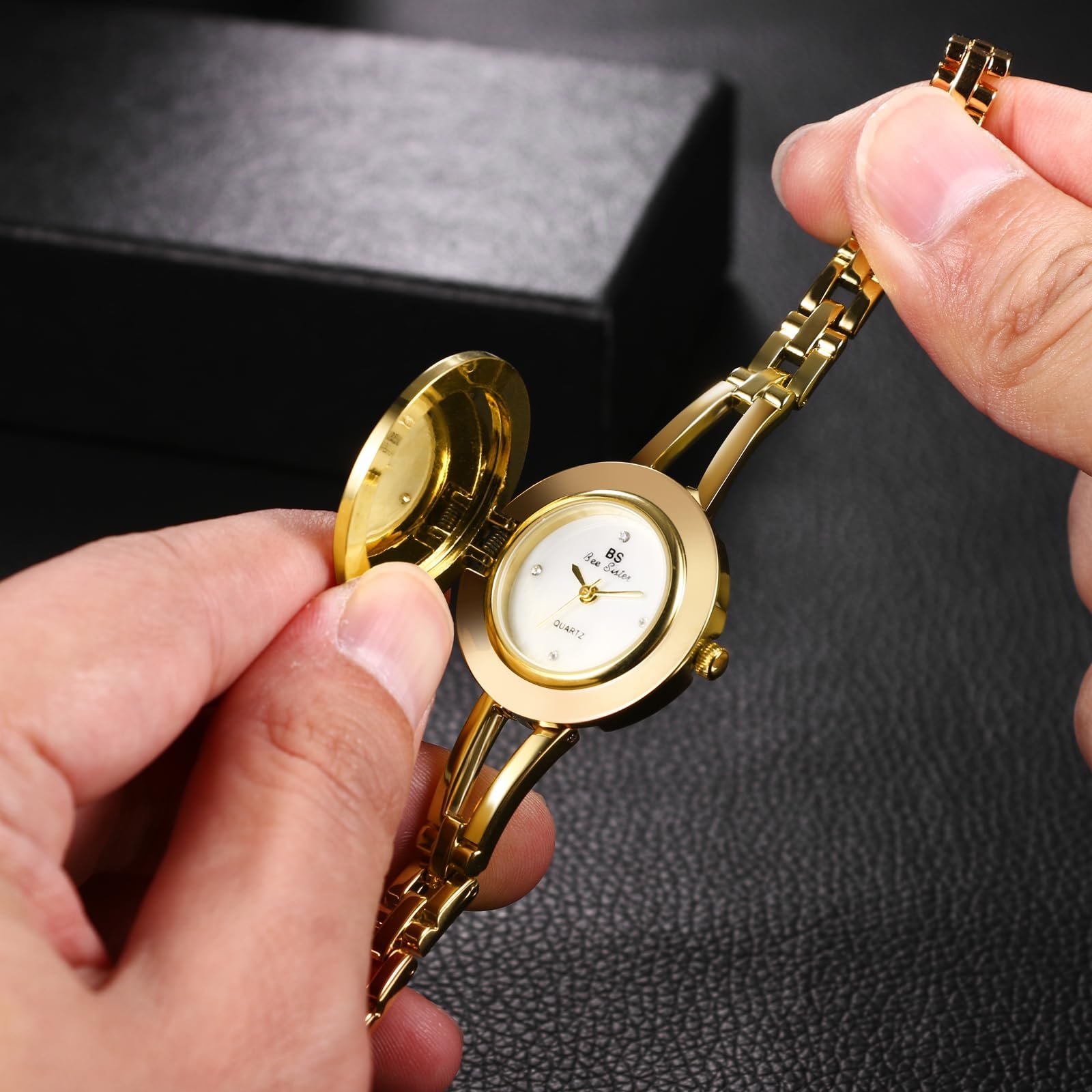 Клип-часы JewelryWe Женские часы Кварцевые Аналоговые Часы Цветок Блестки Водонепроницаемые 30 м Браслет из нержавеющей стали Тонкий Маленький Бриллиант со стразами Циферблат ракушки, фото №7