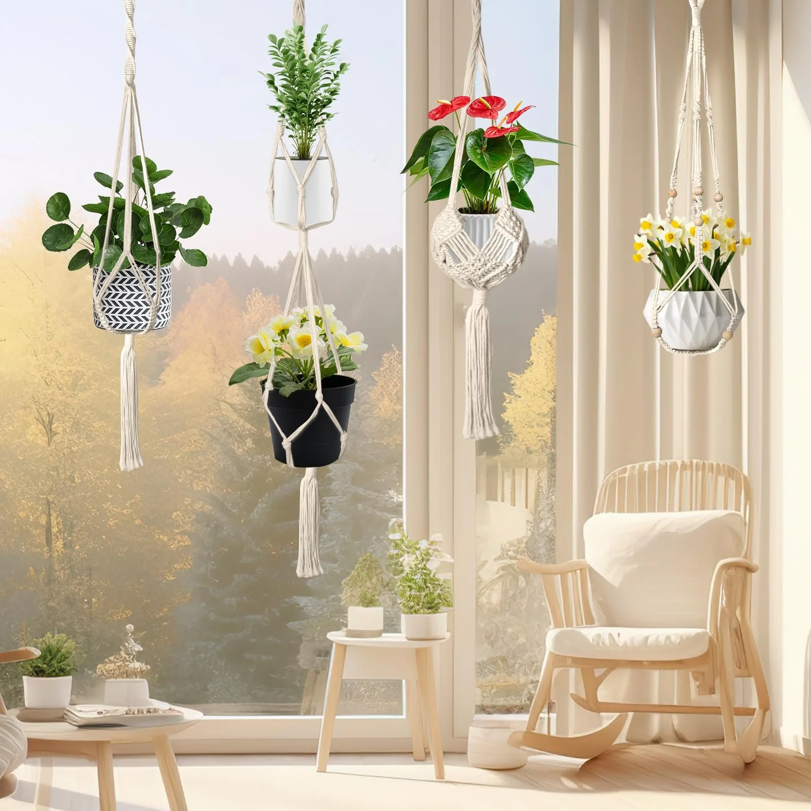 Набор подвесных кашпо макраме 5 шт. из хлопковой веревки с крючками, фото №7