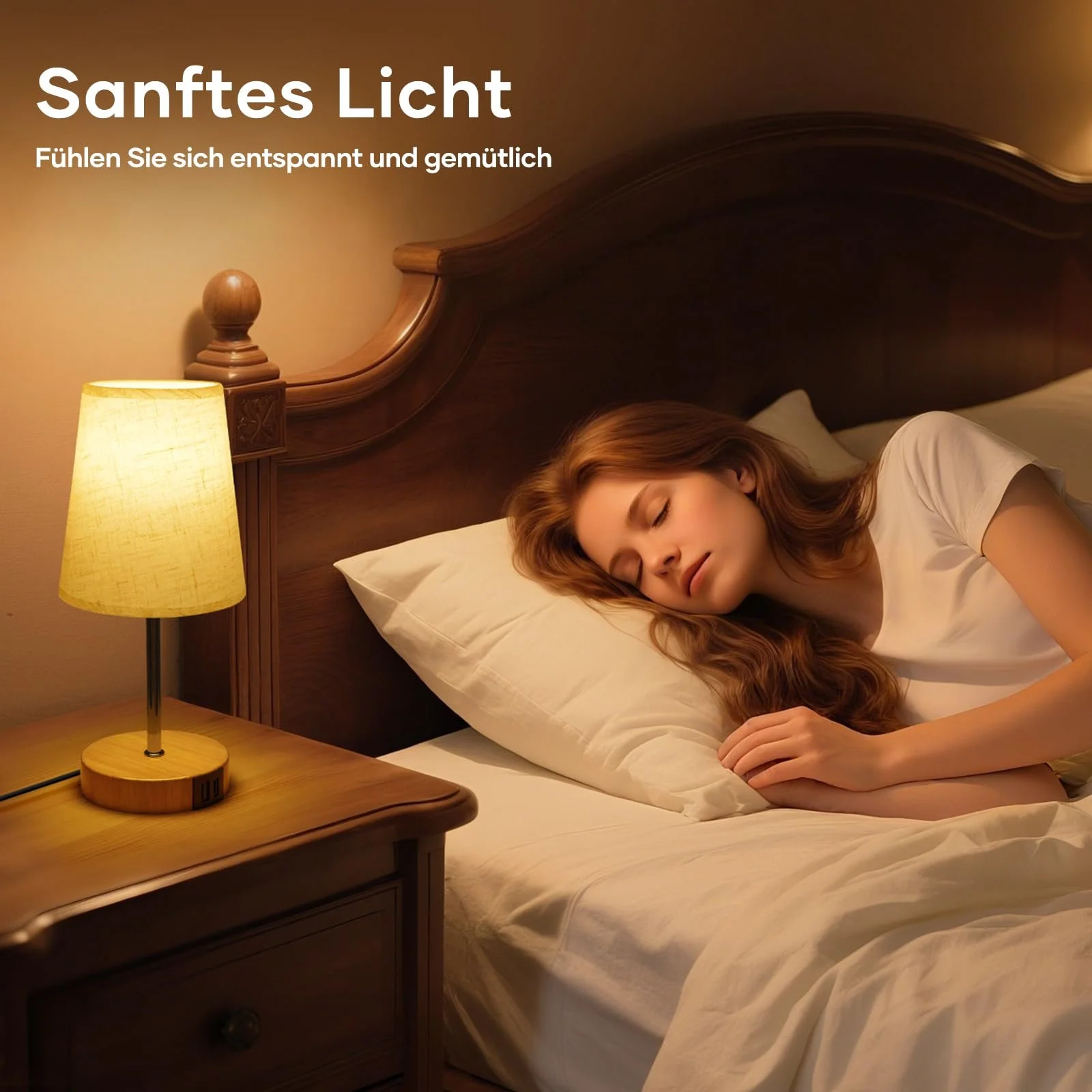 Приліжкова лампа Suright сенсорна диммована USB A+C лляний абажур дерев'яна основа LED лампа в комплекті, фото №5
