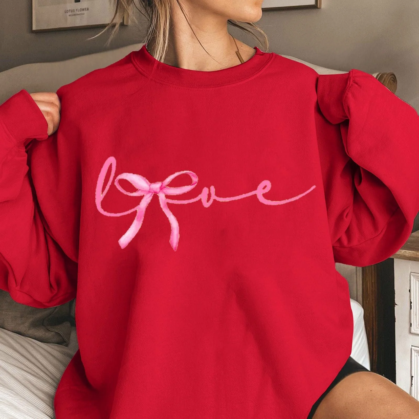 Рубашка Komiseup Длинная Женская Базовая Однотонная Толстовка без Капюшона Oversize Пуловер Модный Принт Бантом Хлопок Круглый Вырез Длинный Рукав Осень Зима Легкий Свободный Свитер 08, фото №2