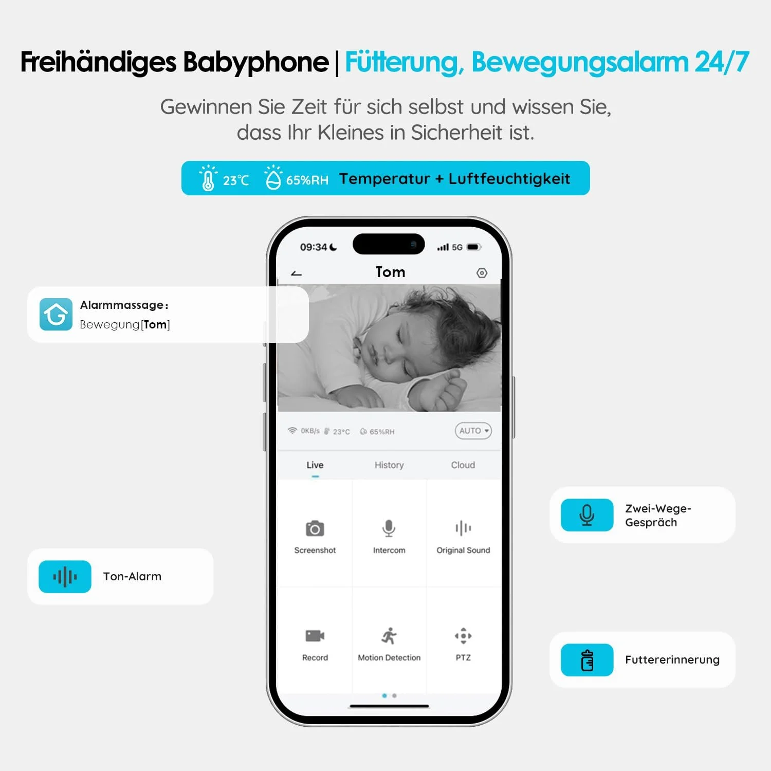 Відеоняня ieGeek 1080P WiFi 5 дюймів PTZ 355° 4-кратний зум Датчик руху/шуму Датчик температури та вологості Нічне бачення, фото №3