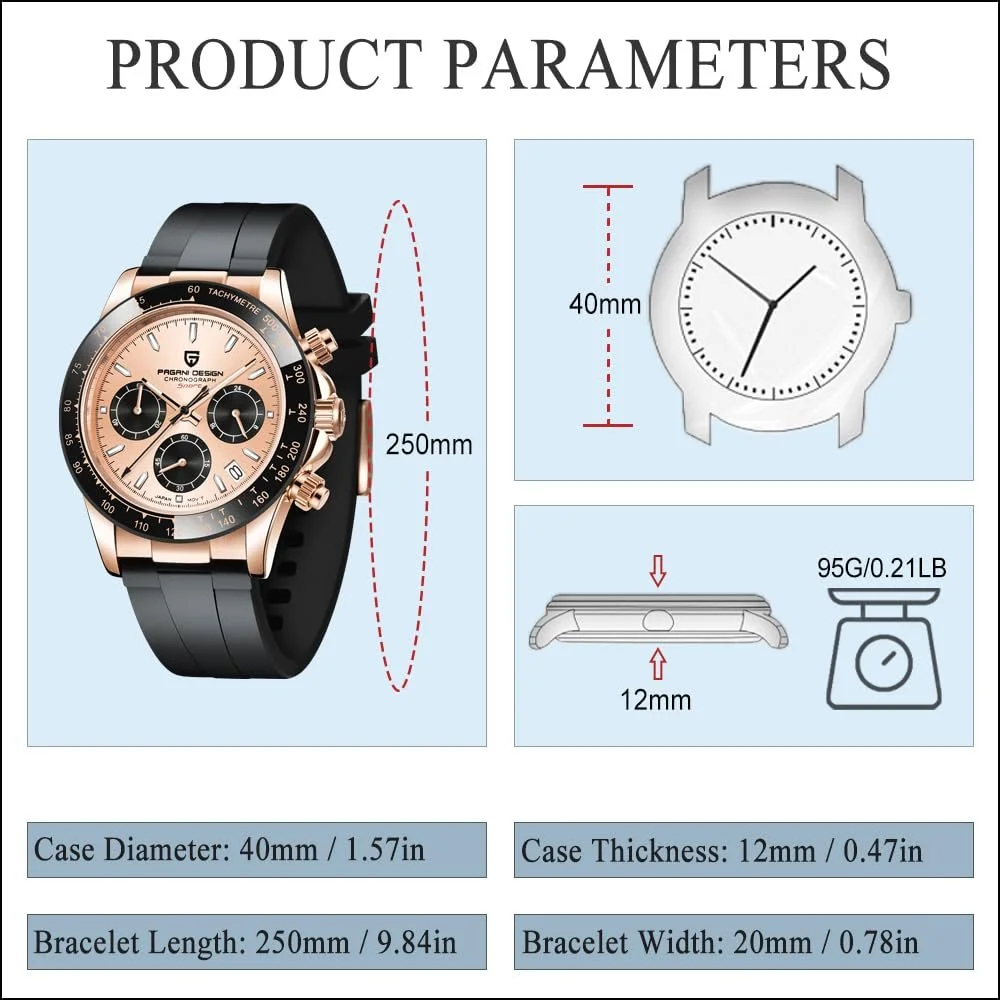 Часы Pagani Design Мужские VK63 Механизм Daytona Chronograph Homage Кварцевые Керамический Безель Нержавеющая Сталь Спортивный Резиновый Ремешок Водонепроницаемые Дайвинг, фото №4