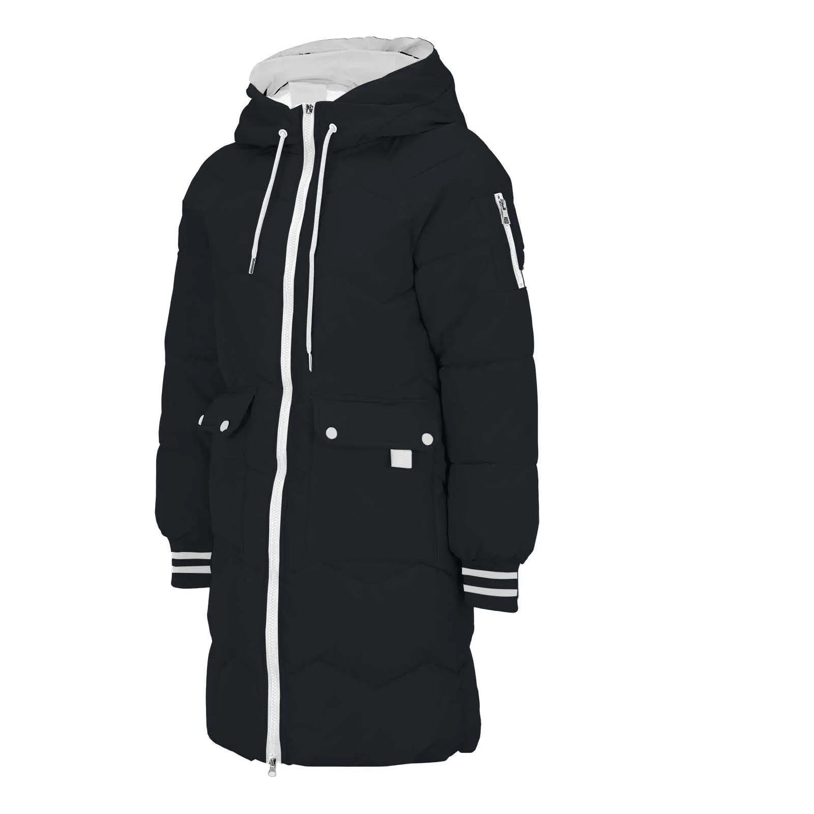 Длинная зимняя стеганая куртка с капюшоном, меховым воротником, фото №7