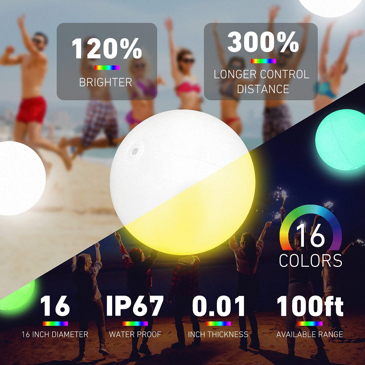 М'яч надувний з LED підсвічуванням 40.6 см, 16 кольорів, 4 режими, фото №2