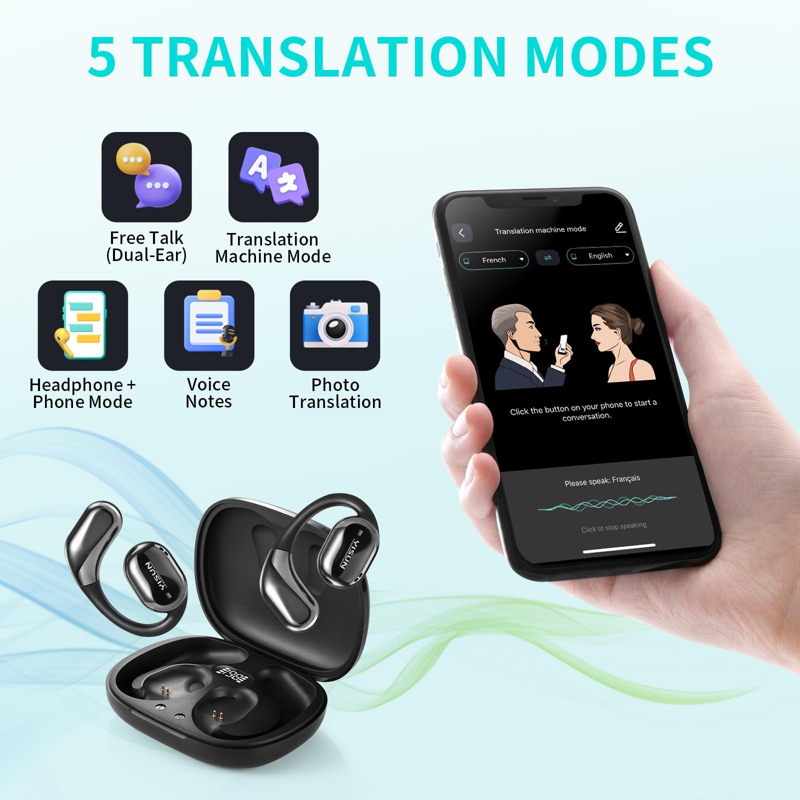 Навушники-перекладач YISUN AI, 5-в-1, на 163 мови 5 режимів перекладу, фото №3