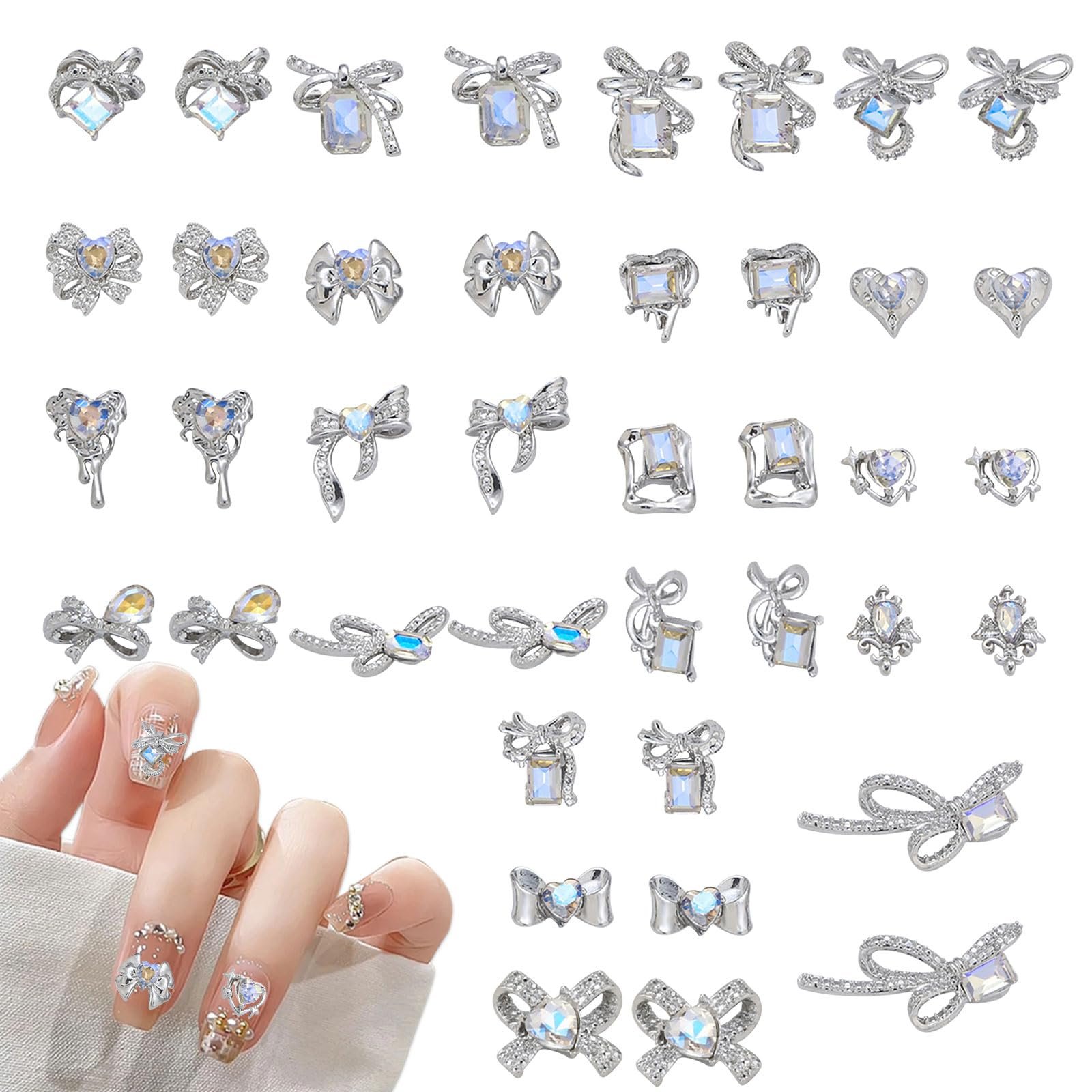 Стрази для нігтів Люкс, 40 шт, Металеві бантики, Сердечка, фото №1