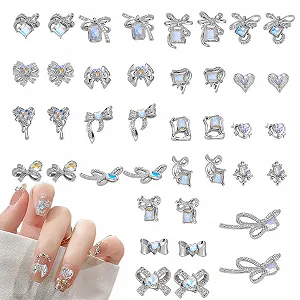Стразы для ногтей Люкс, 40 шт, Металлические бантики, Сердечки, Металлические украшения для ногтей, Аксессуары для дизайна ногтей с блестками - Фото 1