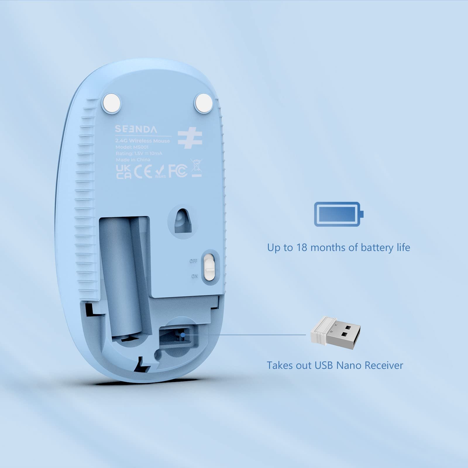 Мышь Беспроводная seenda 1600 DPI 3 кнопки Teal, фото №7