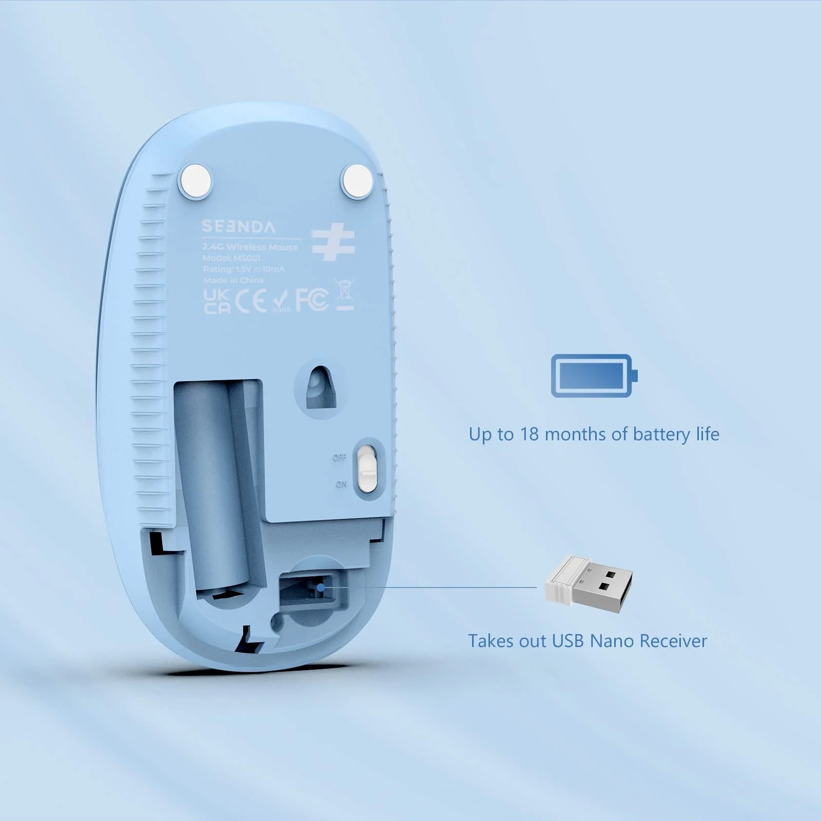Мышь Беспроводная seenda 1600 DPI 3 кнопки Teal, фото №7
