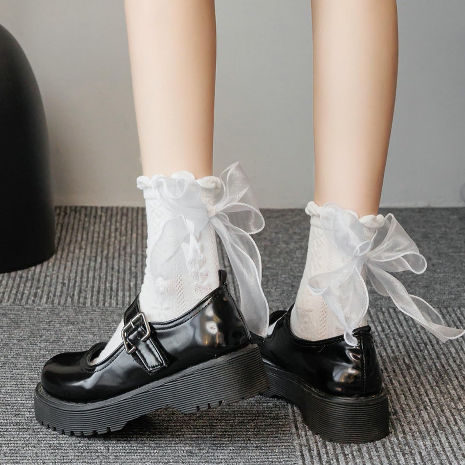 Носки с рюшами Женские 6 пар - Милые носки до щиколотки с кружевом и бантом из хлопка - Черно-белые дышащие балетные носки принцессы для девушек и женщин, фото №6