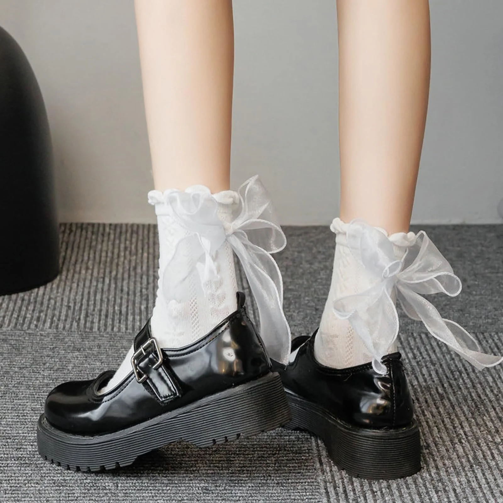 Носки с рюшами Женские 6 пар - Милые носки до щиколотки с кружевом и бантом из хлопка - Черно-белые дышащие балетные носки принцессы для девушек и женщин, фото №6