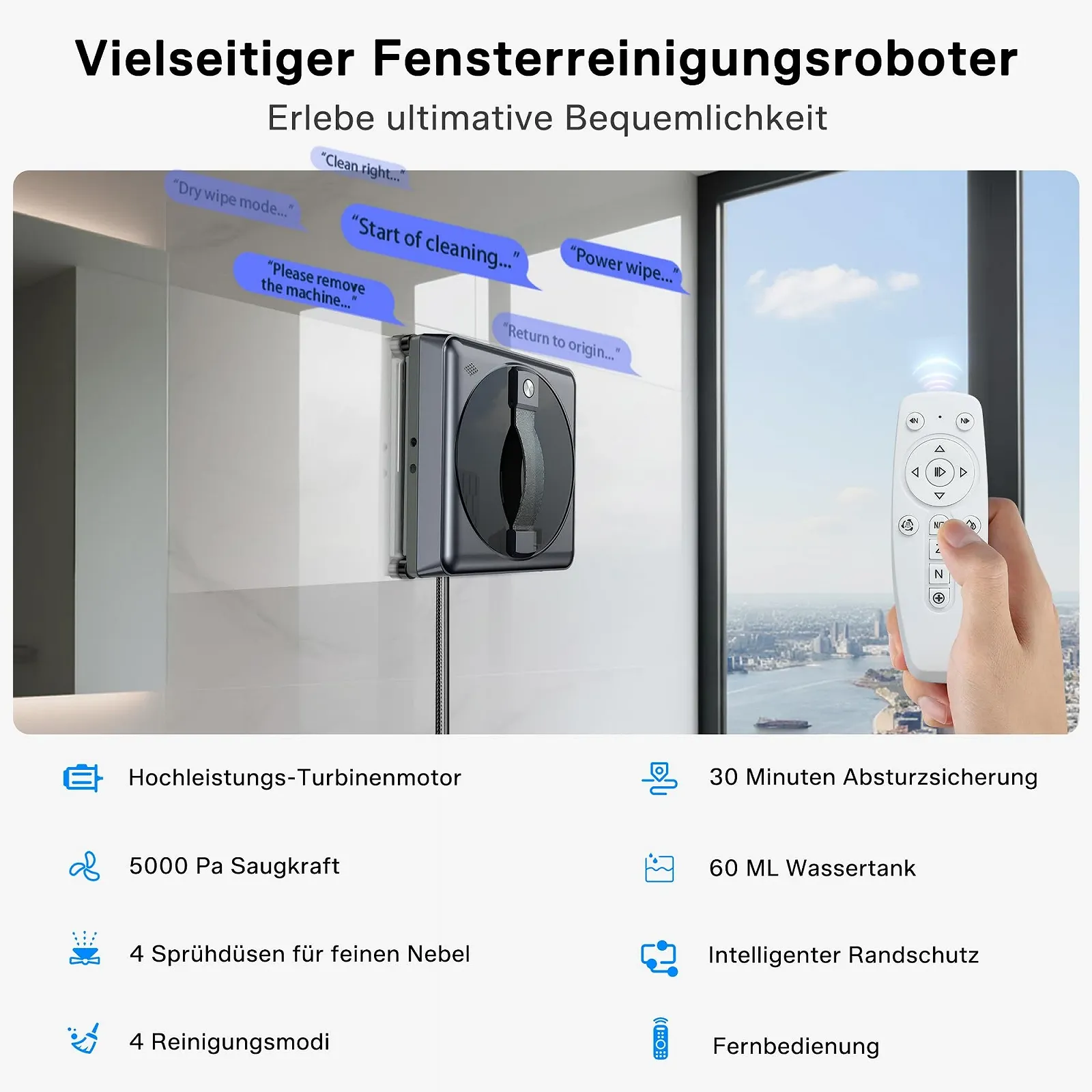 Робот для миття вікон Yeerain з дистанційним керуванням, 4 розпилювачі води, потужне всмоктування 5000 PA, 3 режими прибирання, інтелектуальне планування маршруту, виявлення країв, 10 серветок для прибирання, фото №4 Робот для миття вікон Yeerain з дистанційним керуванням, 4 розпилювачі води, потужне всмоктування 5000 PA, 3 режими прибирання, інтелектуальне планування маршруту, виявлення країв, 10 серветок для прибирання, фото №4