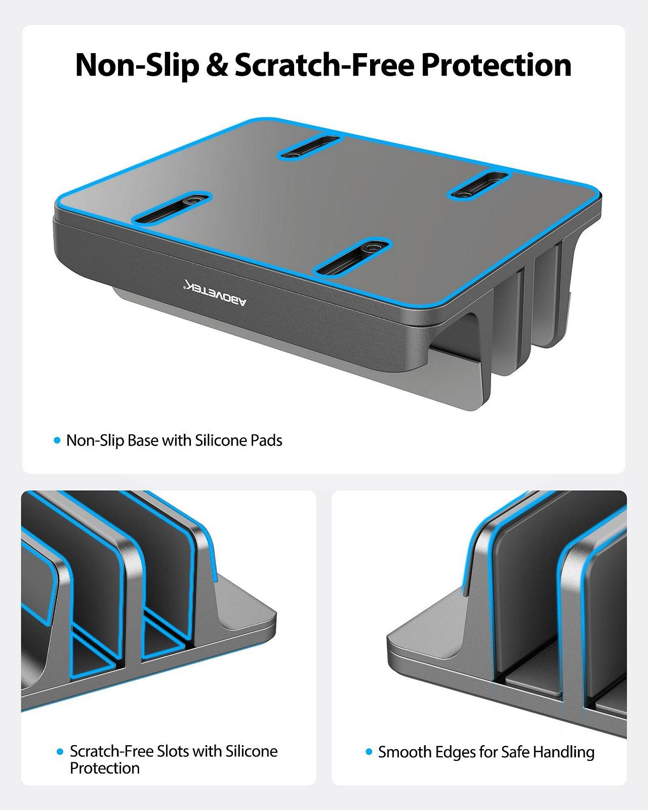Вертикальная Подставка для Ноутбука AboveTEK, Держатель для Ноутбуков до 17.3 дюймов, Алюминиевая Подставка для Ноутбука 4 в 1, 3 Слота Нескользящие Силиконовые Ручки для MacBook/Ноутбука/iPad/Планшета/Телефона, Серый, фото №6