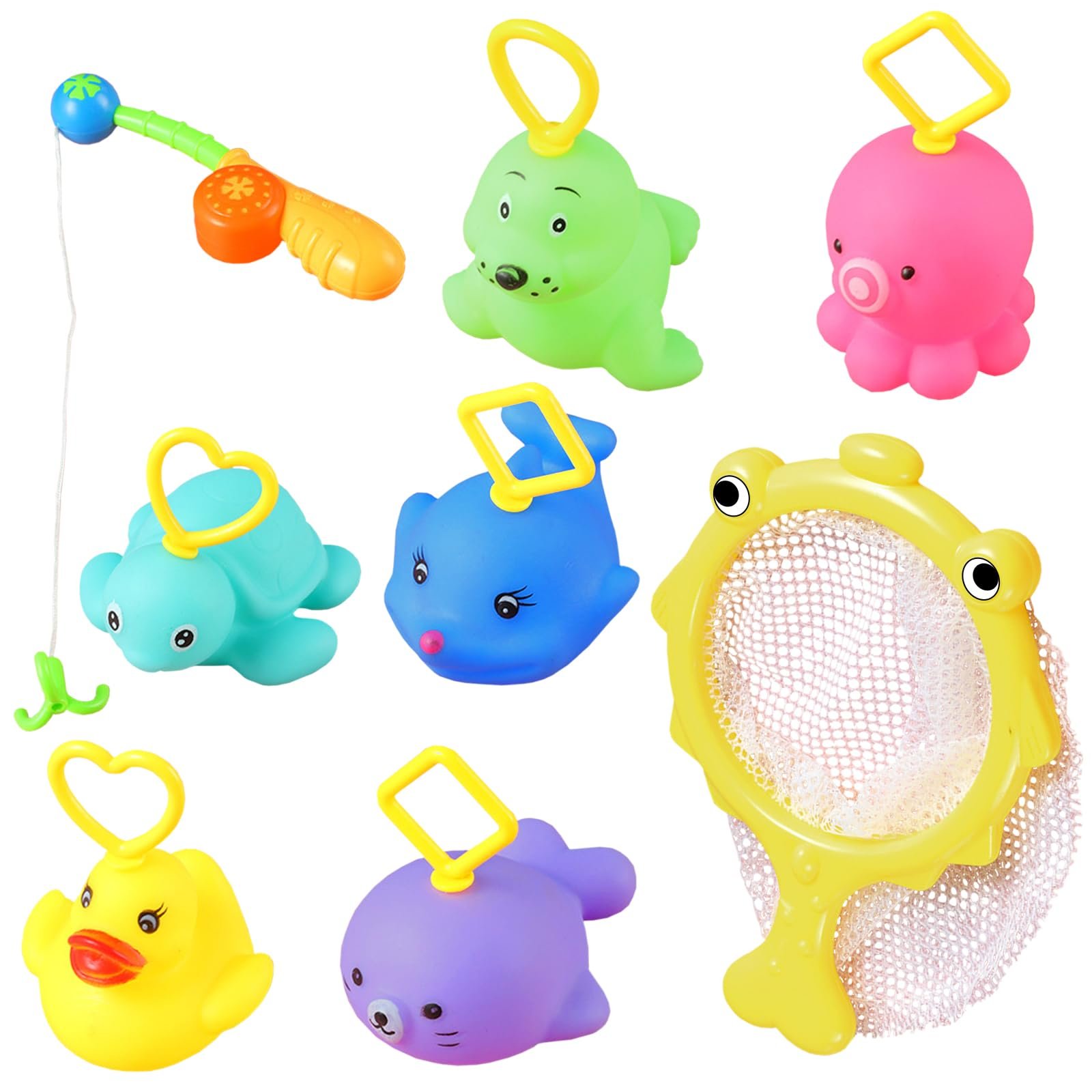 Іграшка для ванни Набір 8 шт (сачок, вудка, качка, черепаха, риба, морський лев, восьминіг, риба) Різнокольоровий, фото №1