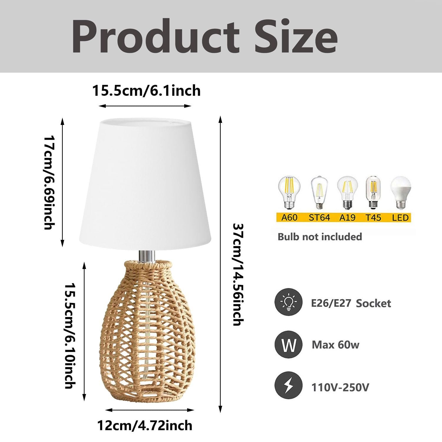 Настільна лампа White вінтажна, ротанг, тканинний абажур, Boho, Japandi, E27., фото №3