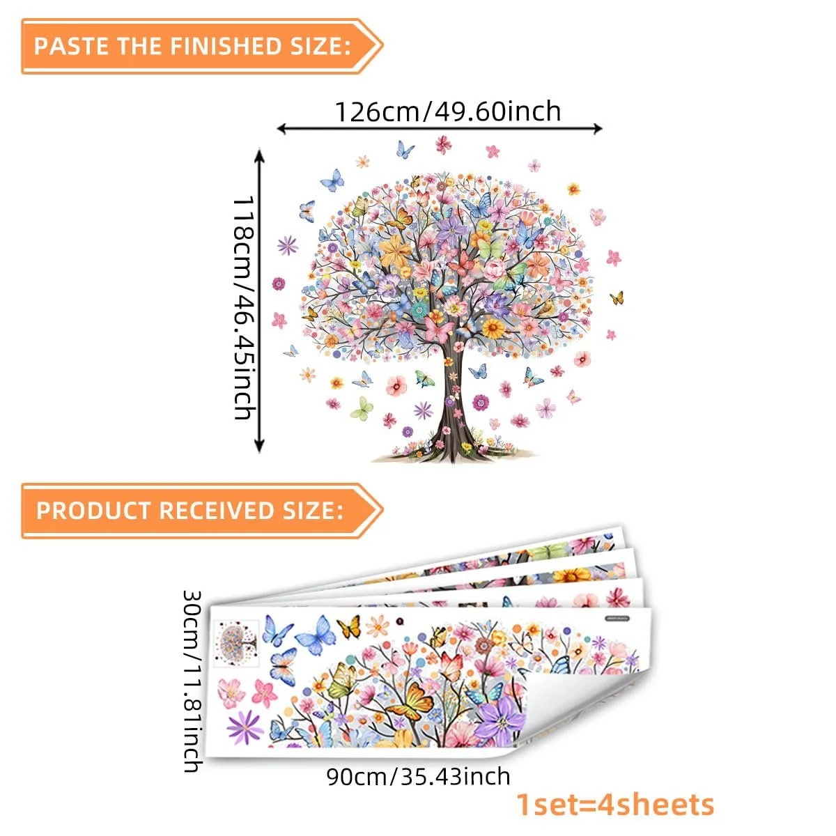 Наклейка на стіну Runtoo Large Tree Дерево життя з метеликами та квітами 118 см, фото №4