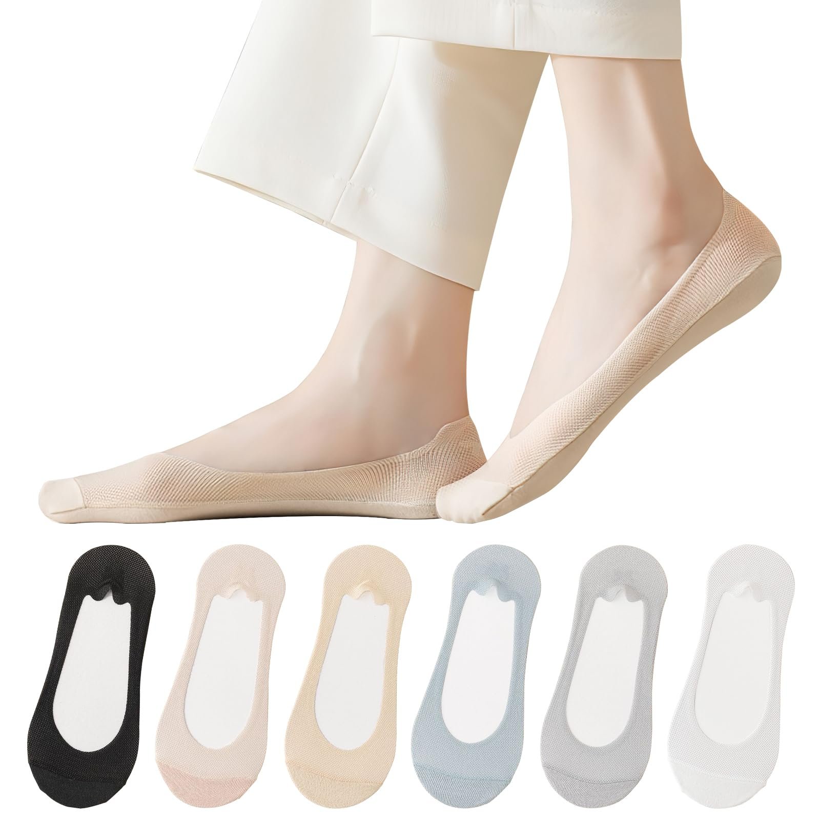 Женские носки Тип Invisible 6 пар Белый+Телесный+Светлый, фото №1
