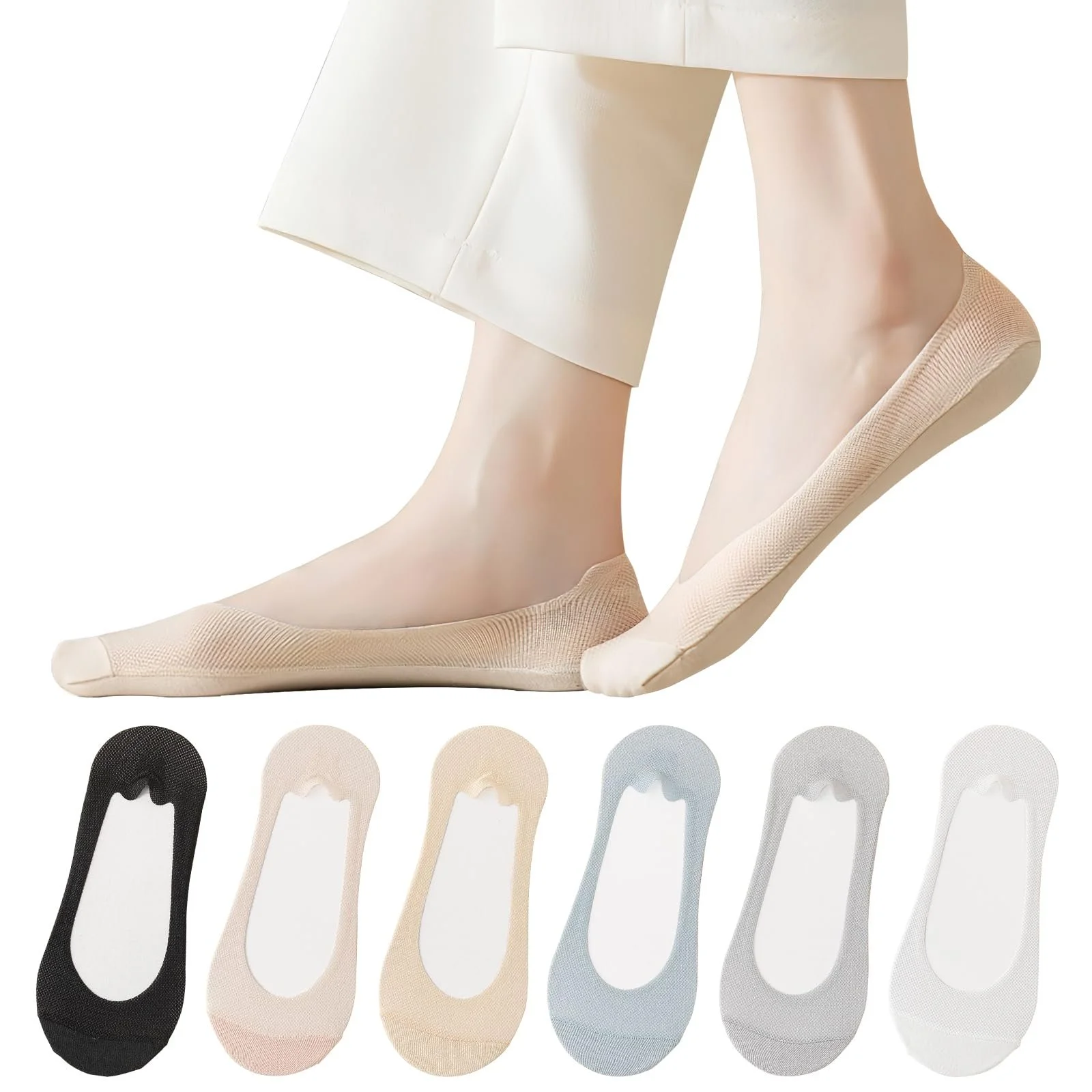 Женские носки Тип Invisible 6 пар Белый+Телесный+Светлый, фото №1 Женские носки Тип Invisible 6 пар Белый+Телесный+Светлый, фото №1