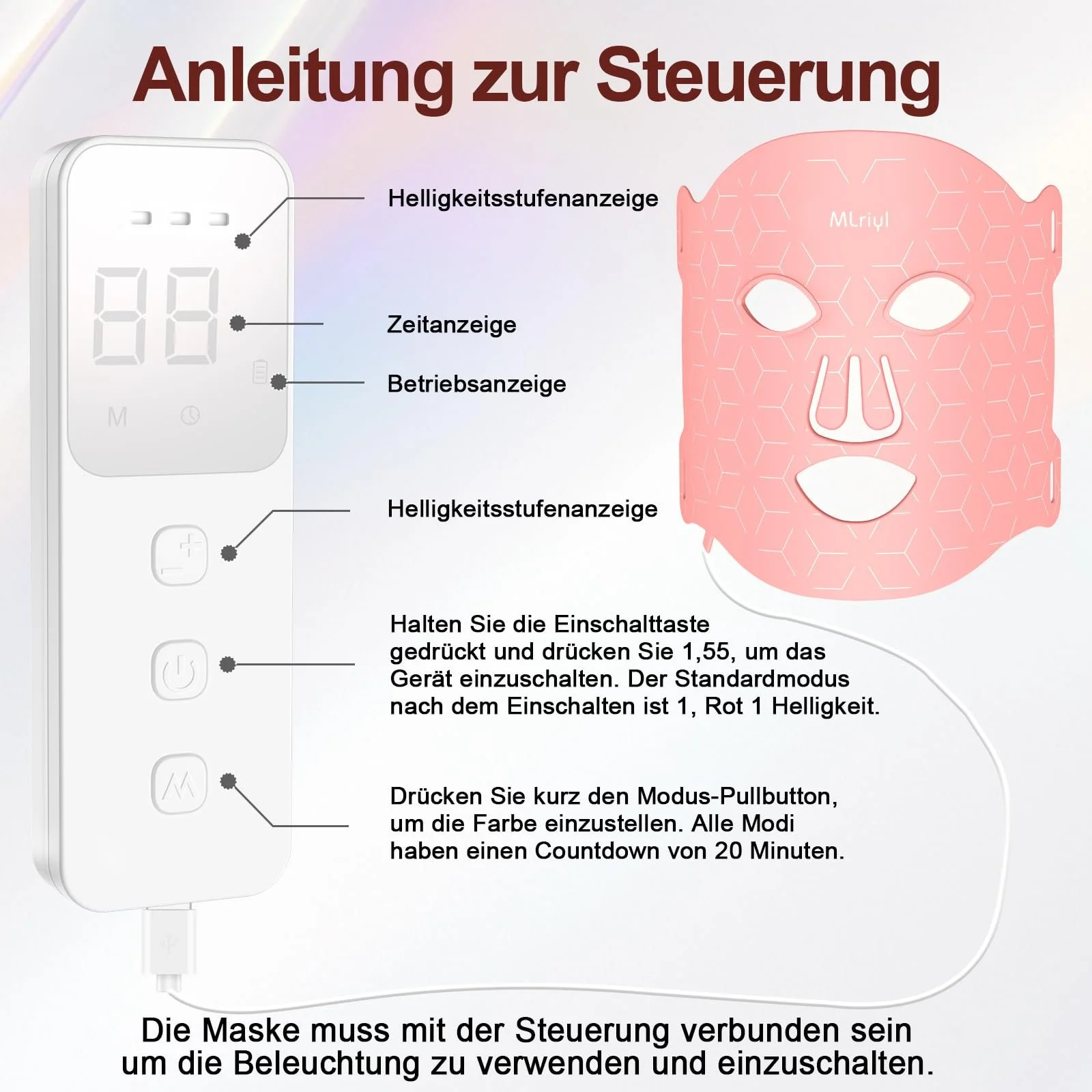 LED Маска Mlriyl для обличчя Червоне світло з 7 кольорами, антивікова маска для обличчя з таймером, фото №4