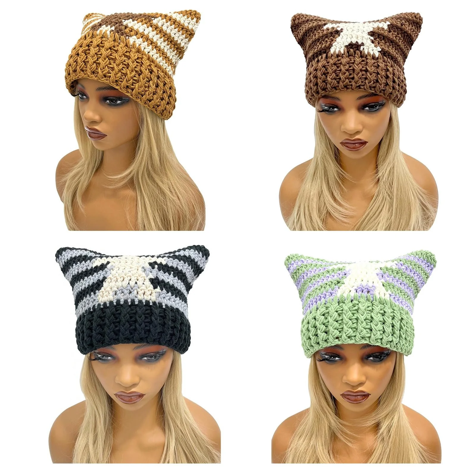 Шапка в смужку з зіркою Ldabrye для дівчат Y2K з вушками та помпоном, фото №2