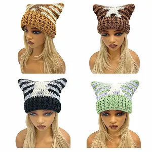 Шапка в смужку з зіркою Ldabrye для дівчат Y2K з вушками та помпоном synthetic.ua - Фото 1