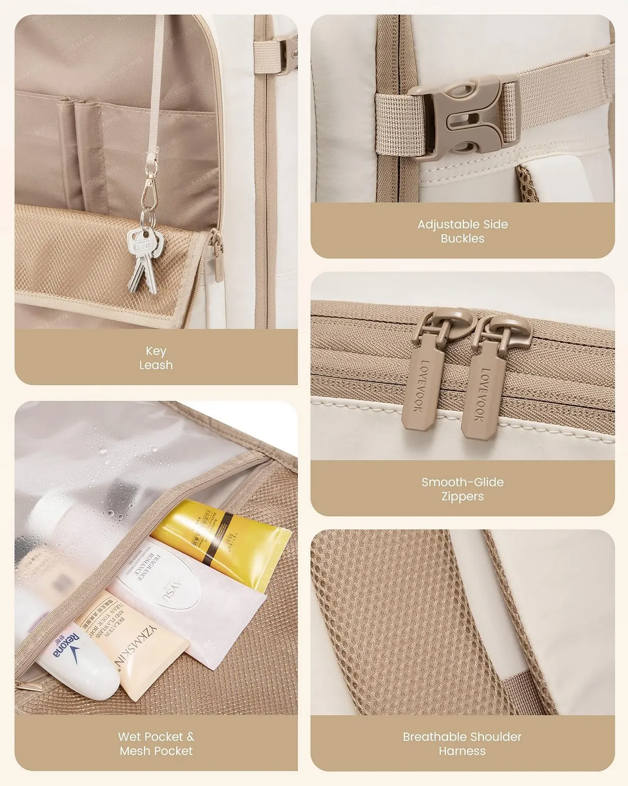 Рюкзак для ноутбука LOVEVOOK Hand Luggage 17.3 дюймів 40L Beige+Khaki Casual, фото №9 Рюкзак для ноутбука LOVEVOOK Hand Luggage 17.3 дюймів 40L Beige+Khaki Casual, фото №9