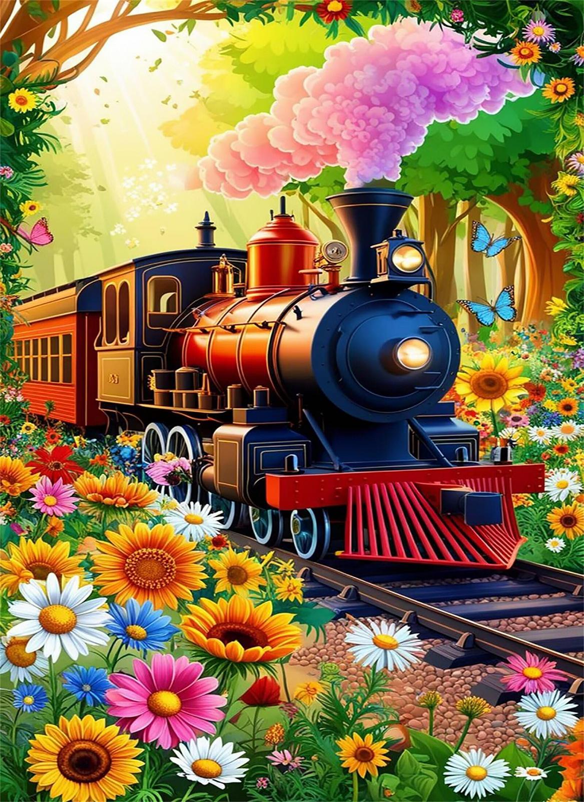 Пазл Мультяшный поезд и цветы 300 деталей 38 x 26 см, фото №1 Пазл Мультяшный поезд и цветы 300 деталей 38 x 26 см, фото №1