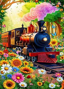 Пазл Мультяшный поезд и цветы 300 деталей 38 x 26 см - Фото 1