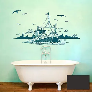 Наклейка на стіну M2164 Човен з горизонтом Ростока та чайками 47 x 100 см Темно-сірий - Фото 1
