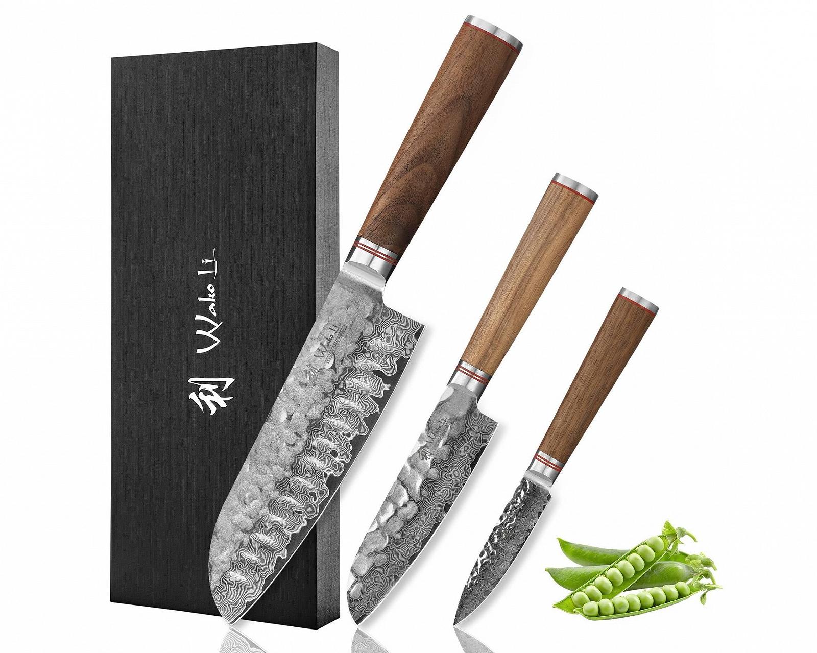 Набір ножів Wakoli Walnut Exclusive, 3 шт. Ніж сантоку, Малий ніж сантоку, Офісний ніж, Дамаська сталь, Горіх, фото №1