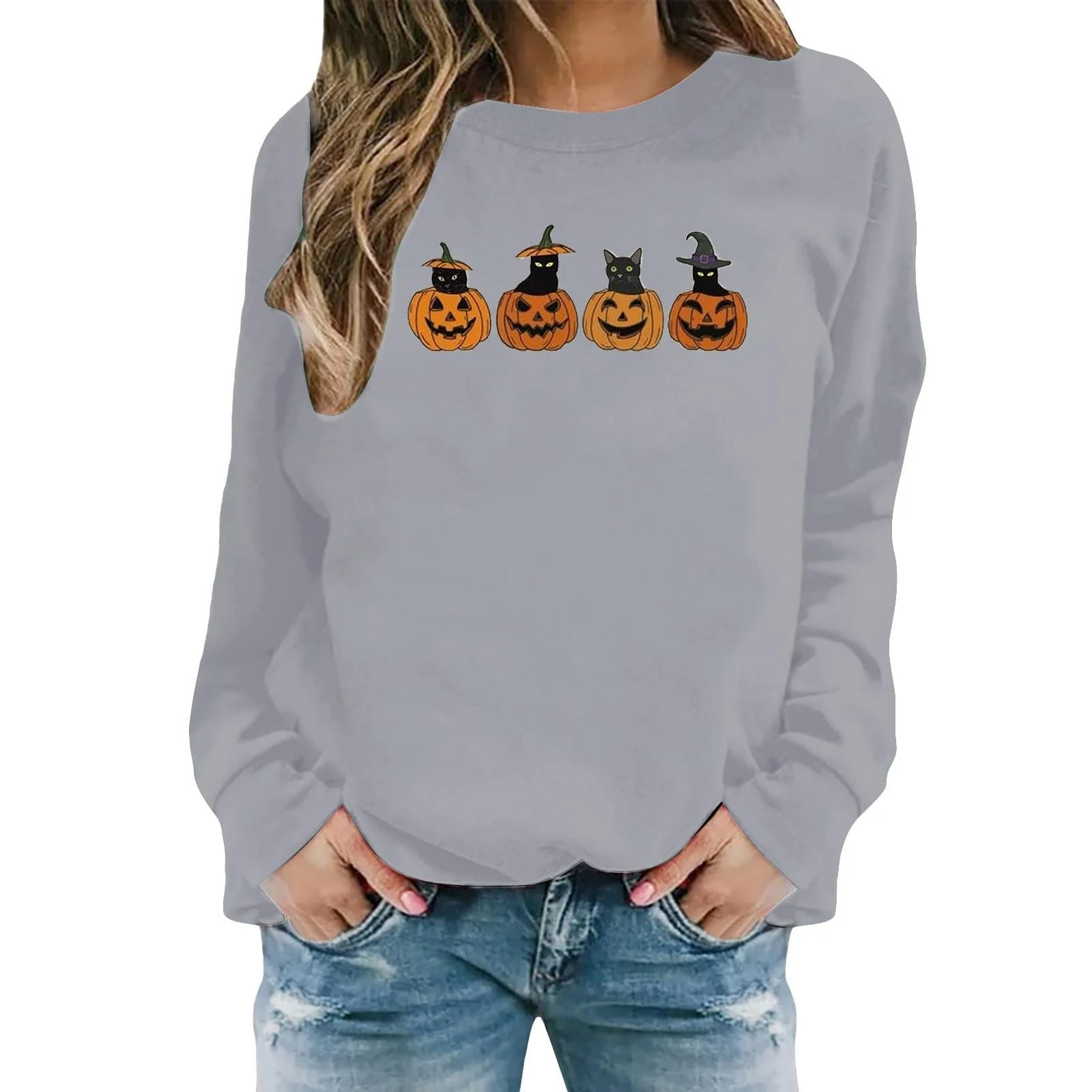 Хэллоуин Свитшот Katix Вышитая Толстовка Хэллоуин Рубашка Тыква Осенняя Толстовка для Женщин Хэллоуин Круглый вырез Сезон Летучая мышь Декоративный, фото №1