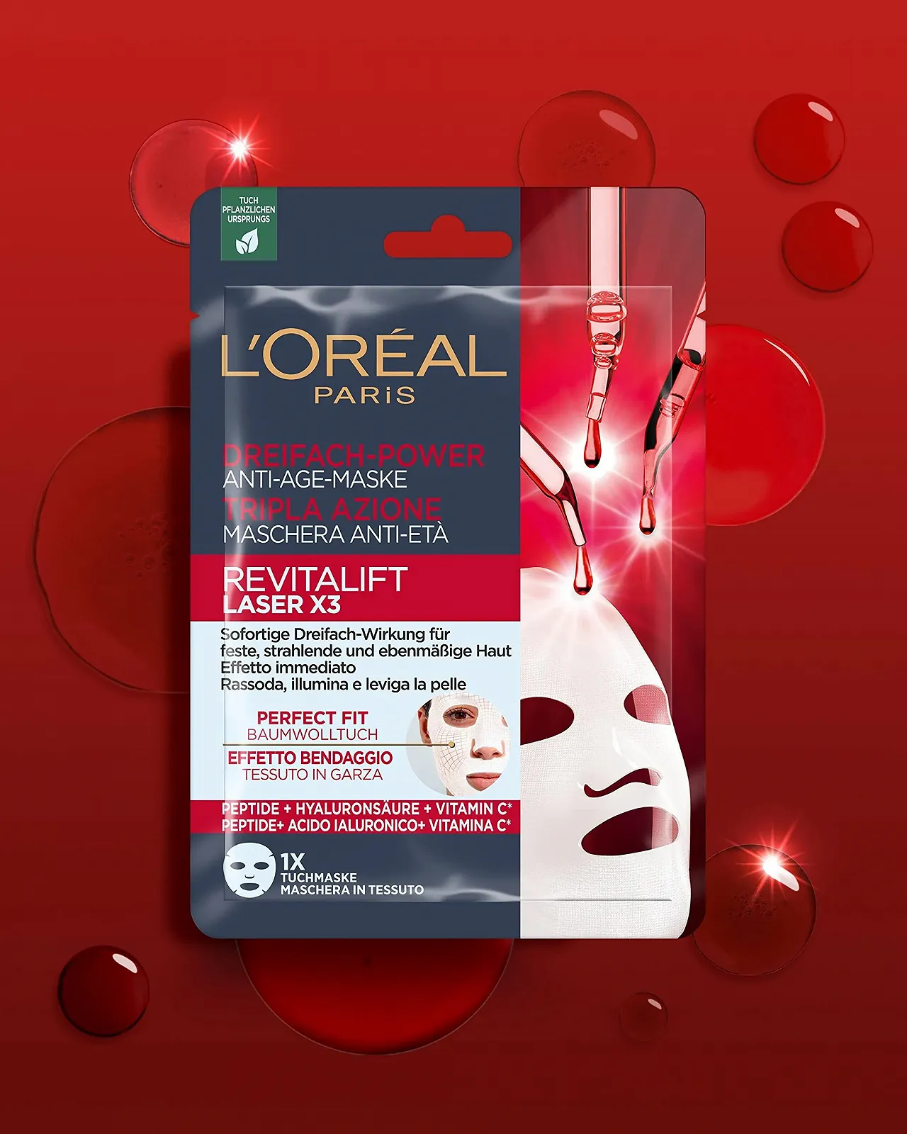 Тканевая маска L'Oréal Paris RevitaLift Laser X3 Anti-Ageing с тройным действием для женщин: для упругой, сияющей и ровной кожи с про-ретинолом, витамином C и гиалуроновой кислотой, набор из 5 штук, фото №7