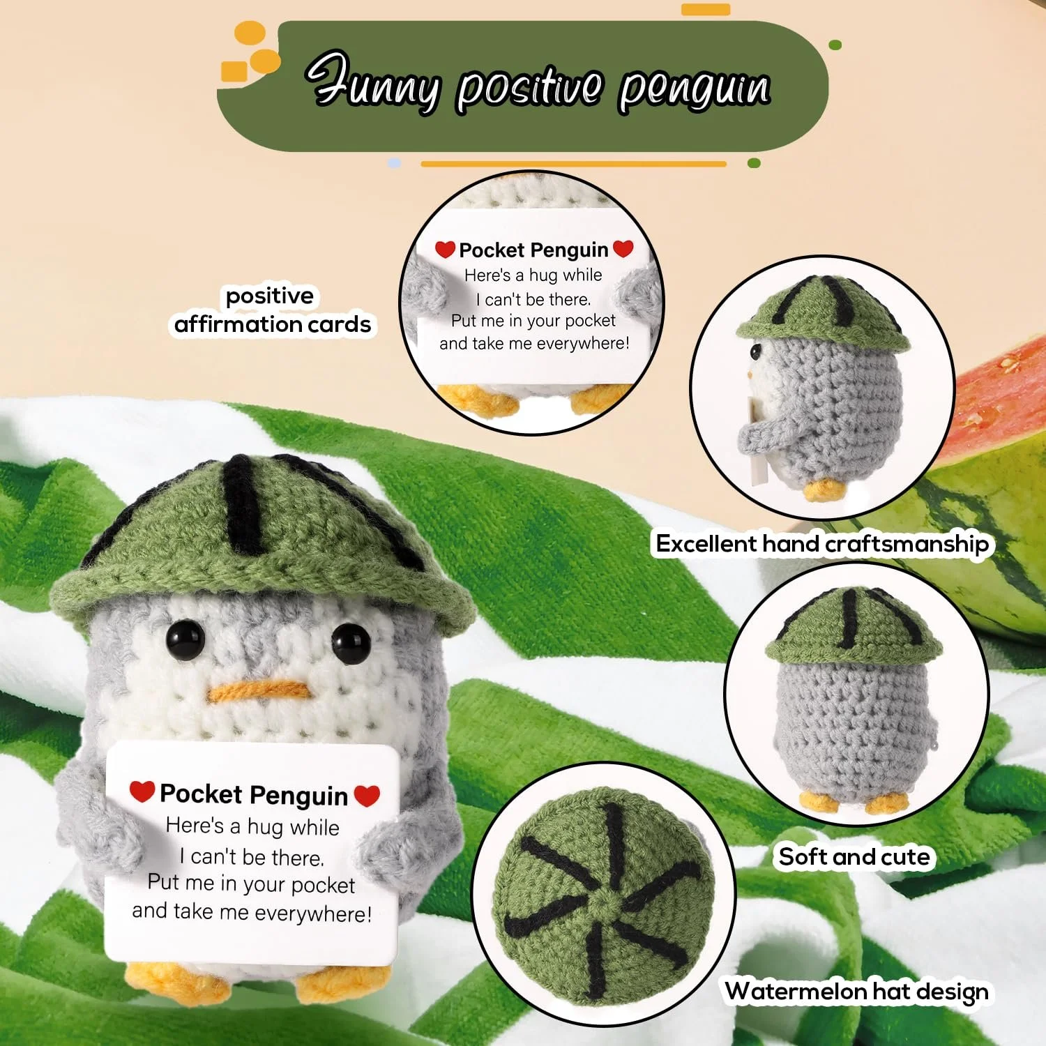 Іграшка Funny Bags Penguin Hug В'язаний Позитивний Пінгвін з кавуновою шапочкою 8,5 см, фото №3 Іграшка Funny Bags Penguin Hug В'язаний Позитивний Пінгвін з кавуновою шапочкою 8,5 см, фото №3