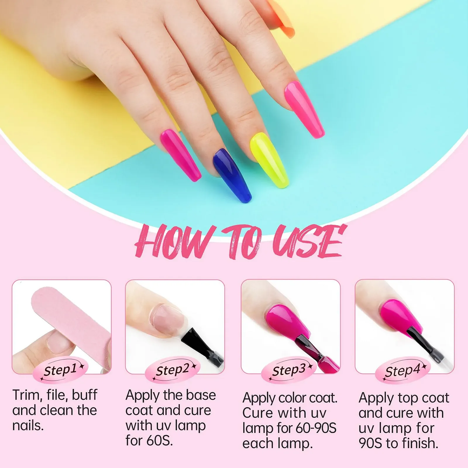 Гель-лак Beauty7 Набор 6 цветов Полуперманентный Прозрачный УФ-гель Натуральный гель Soak Off УФ LED Маникюр (Неон, 7 мл x 6 шт.), фото №4