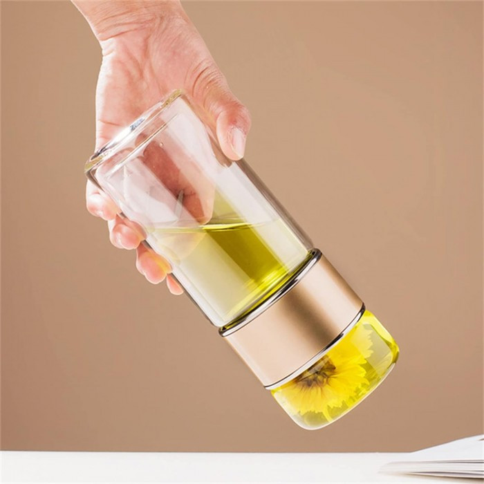 Стеклянный термос с двойными стенками для чая Infuser 280 мл золотой, фото №2