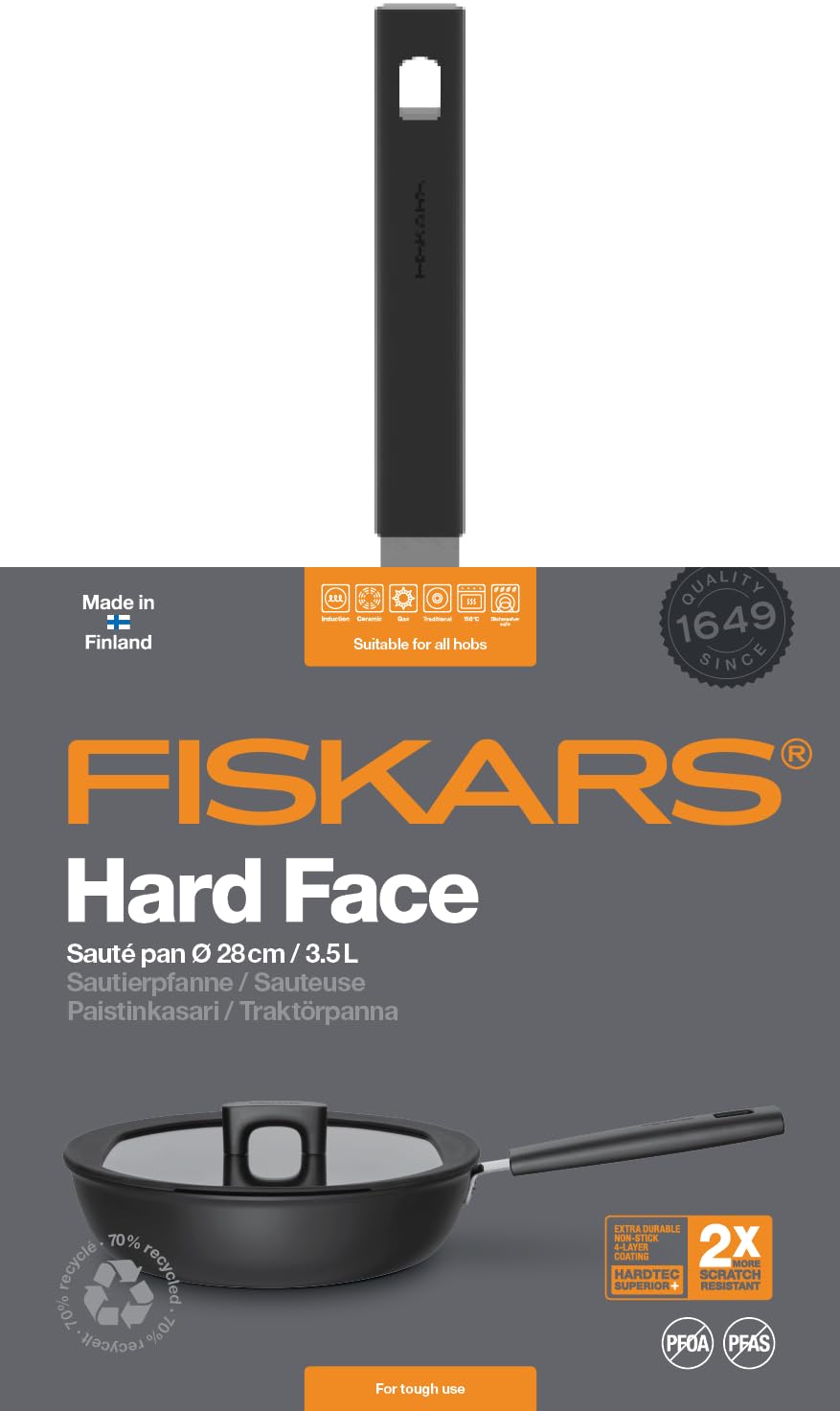 Сковорідка Fiskars Hard Face 1052232 Діаметр 28 см, 3.5 Л, Алюміній/Пластик Полімерне покриття Чорний, фото №7 Сковорідка Fiskars Hard Face 1052232 Діаметр 28 см, 3.5 Л, Алюміній/Пластик Полімерне покриття Чорний, фото №7