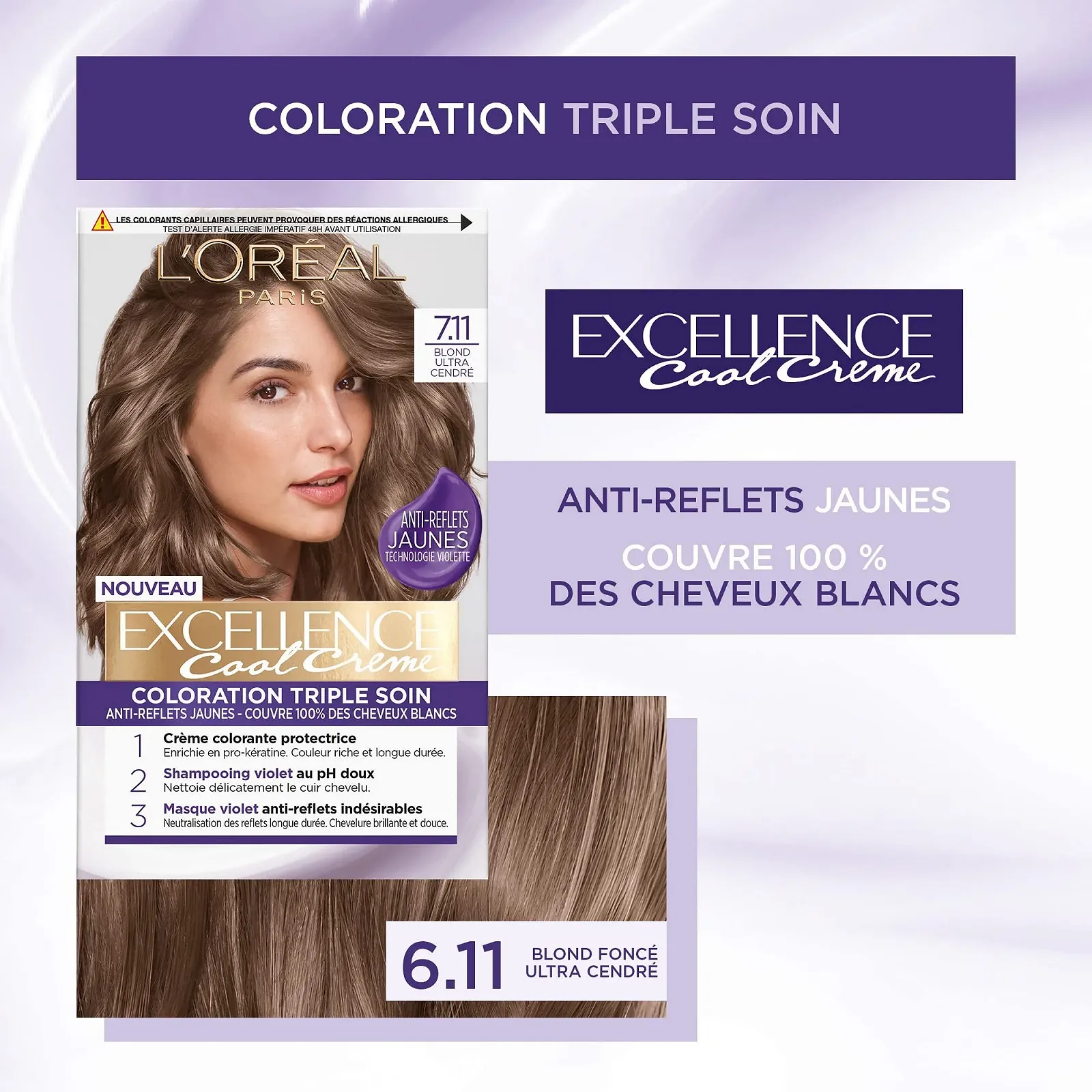 Фарба для волосся L'ORÉAL PARIS Excellence Cool Cream Ultra Ash Blonde (7.11), фото №3 Фарба для волосся L'ORÉAL PARIS Excellence Cool Cream Ultra Ash Blonde (7.11), фото №3