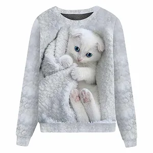 Y2K Свитшот с принтом котенка, свитшоты с животными для женщин, модный свободный крой, повседневная одежда, милый графический свитшот с длинными рукавами и круглым вырезом, готическая осенняя смешная одежда для тренировок - Фото 1