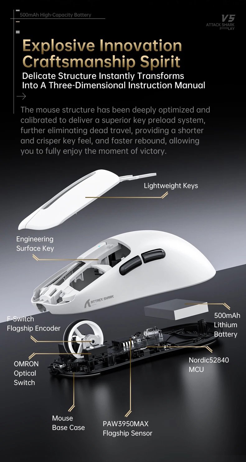 Ігрова мишка Attack Shark V5 Black PAW3950MAX 42K DPI 8000Гц 750IPS 50G, фото №13