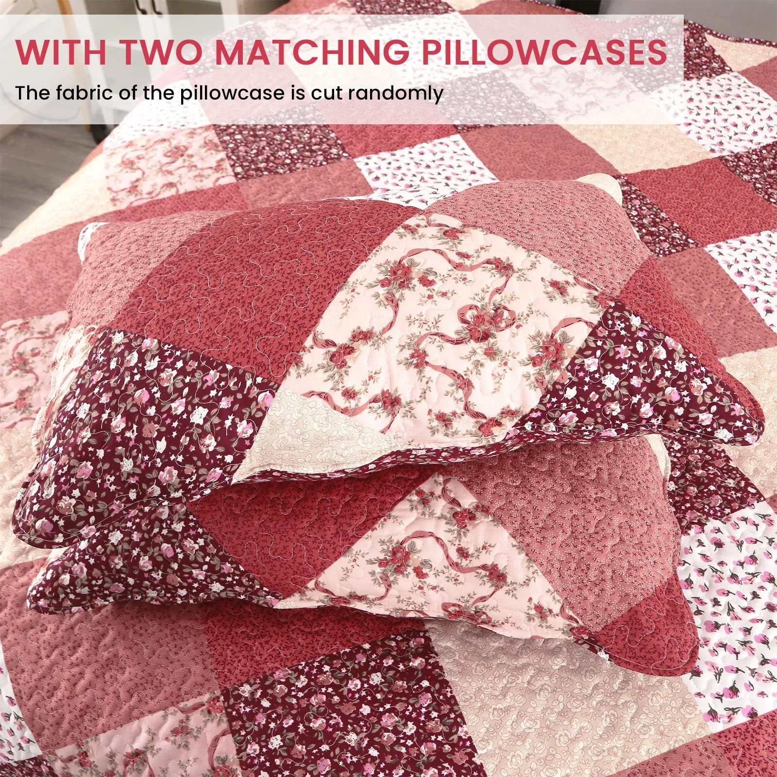 Покрывало стеганое Qucover, 220 x 240 см, лоскутное покрывало, двухсторонний дизайн, покрывало на кровать, 230 x 250 см, полиэстеровое покрывало на диван, набор из 3 предметов с наволочками, можно использовать круглый год, кирпично-красный, фото №4